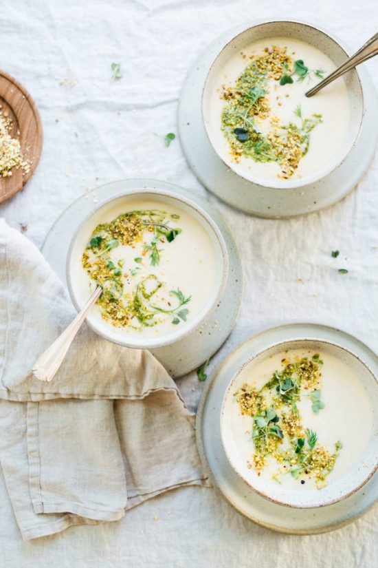 9 Meal-Worthy Soups: Athena's Creamy Cauliflower Soup with Dukkah & Watercress Pesto from Dolly and Oatmeal | The Health Sessions