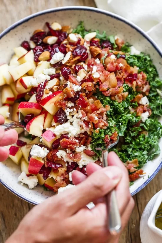 Healthy Berry Recipes: Apple Cranberry Bacon Kale Salad from Eat Well 101 | The Health Sessions