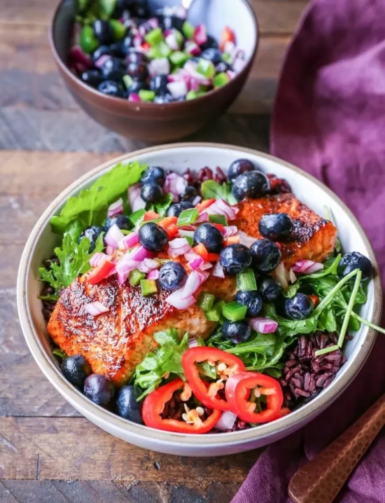 Healthy Berry Recipes: Salmon Power Bowl with Blueberry Salsa from The Roasted Root | The Health Sessions