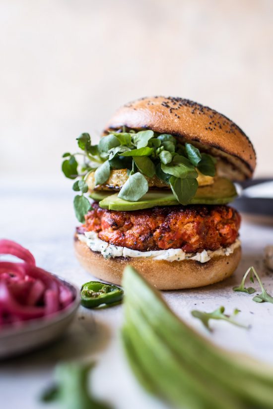 Healthy Burgers & Fries: Blackened Salmon Burgers with Herbed Cream Cheese from Half Baked Harvest | The Health Sessions