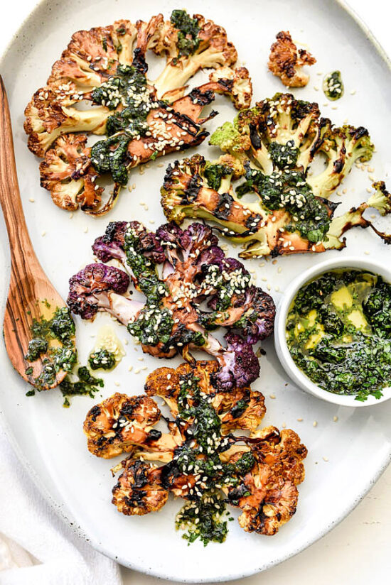 Jazz Up Your Veggies: Grilled Teriyaki Cauliflower Steaks with Asian Gremolata from Foodiecrush | The Health Sessions