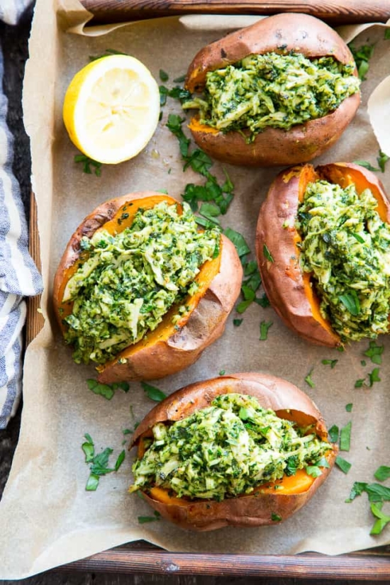 How to Eat the Rainbow: Chicken Pesto Stuffed Sweet Potatoes from The Paleo Running Momma | The Health Sessions