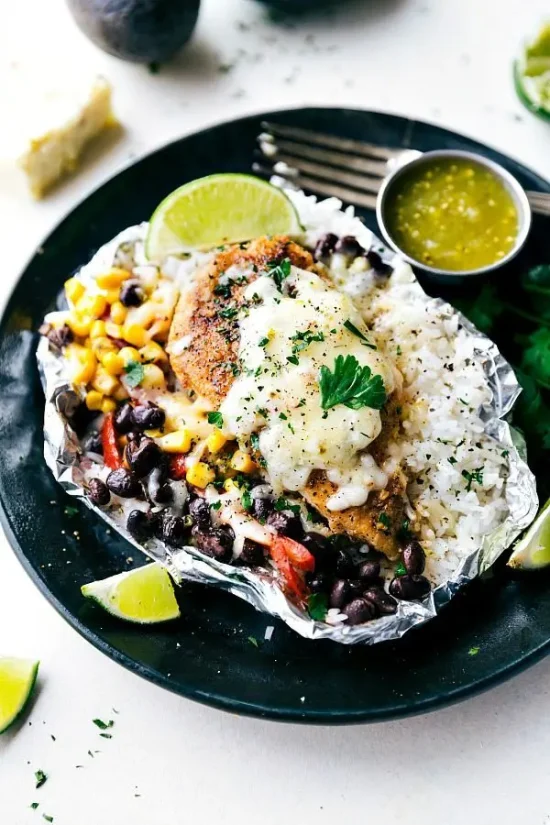 Foil Packet Recipes: Foil Pack: Salsa Verde Chicken and Rice from Chelsea's Messy Apron | The Health Sessions