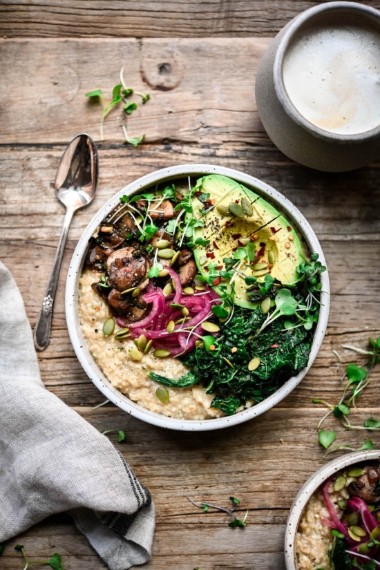 Savory Breakfast Recipes: Savory Vegan Oatmeal with Mushrooms, Kale and Avocado from Crowded Kitchen | The Health Sessions