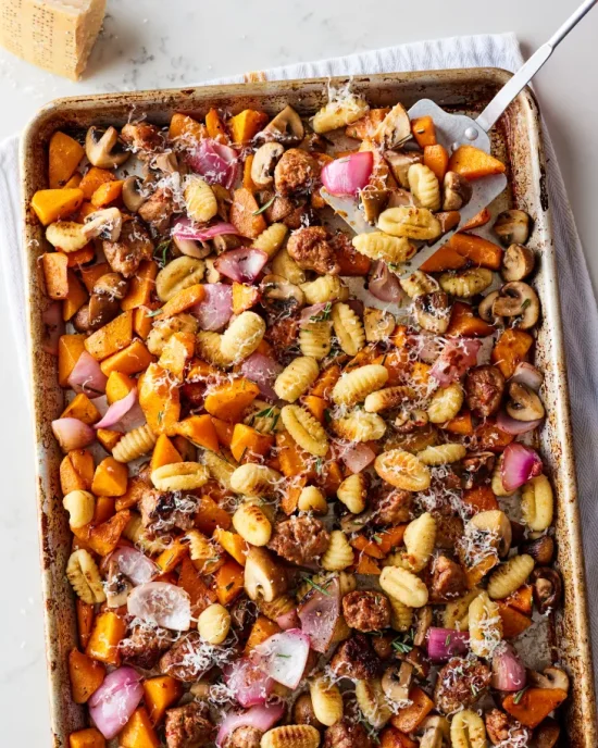 Sheet Pan Dinners: Gnocchi with Mushrooms, Sausage and Squash from The Kitchn | The Health Sessions