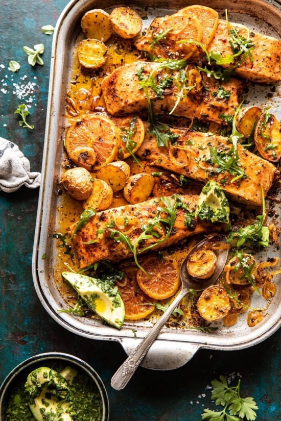 Sheet Pan Dinners: Salmon with Citrus Avocado Salsa and Potatoes from Half Baked Harvest | The Health Sessions