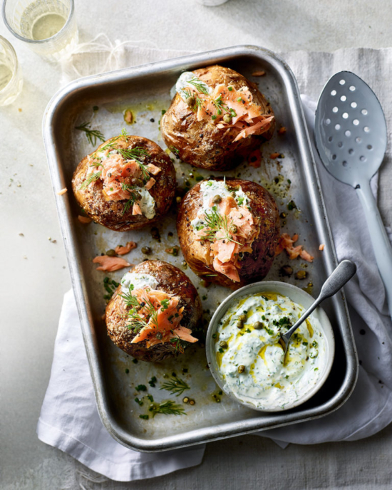 Best Baked Potato Recipes: Baked Potatoes with Smoked Salmon and Soured Cream from Delicious Magazine UK | The Health Sessions