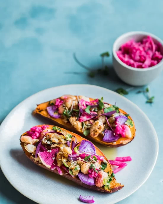 Best Baked Potato Recipes: Za'atar White Bean Stuffed Sweet Potatoes from Rainbow Plant Life  | The Health Sessions