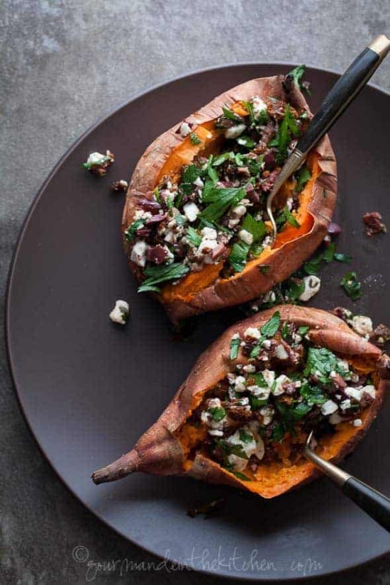 Best Baked Potato Recipes: Baked Sweet Potatoes Stuffed with Feta, Olives and Sundried Tomatoes from Gourmande in the Kitchen | The Health Sessions