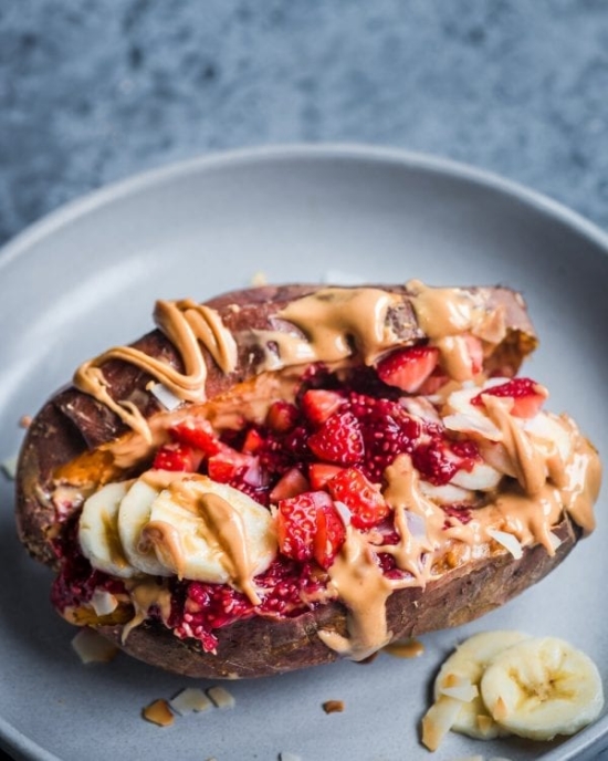 Best Baked Potato Recipes: PB & J Berry Banana Stuffed Sweet Potatoes from Rainbow Plant Life | The Health Sessions