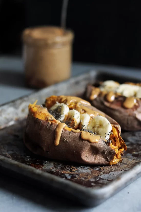 Best Baked Potato Recipes: Breakfast Baked Sweet Potatoes with Almond Butter from Ambitious Kitchen | The Health Sessions