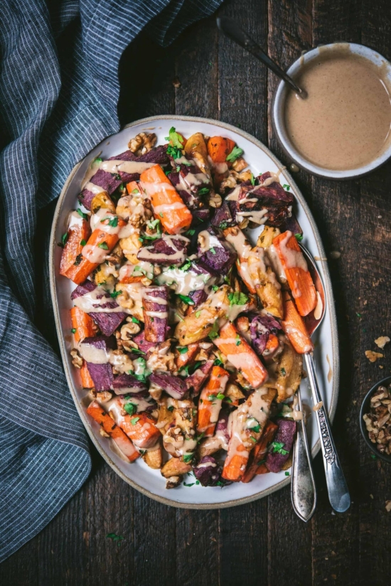 Healthy Side Dishes:Roasted Carrots, Apples & Sweet Potatoes with Cinnamon Tahini Drizzle from Crowded Kitchen | The Health Sessions