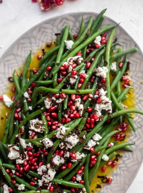 Healthy Side Dishes: Maple Mustard Green Beans with Pomegranate and Goat's Cheese from How Sweet Eats | The Health Sessions