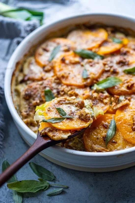 Healthy Side Dishes: Butternut Squash Gratin with Leeks, Sage and Walnuts from Feasting at Home | The Health Sessions