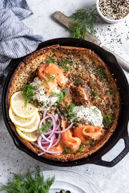 Healthy Brunch Recipes: Everything Bagel Dutch Baby with Lox & Lemon Dill Cream Cheese from The Whole Beet Kitchen | The Health Sessions