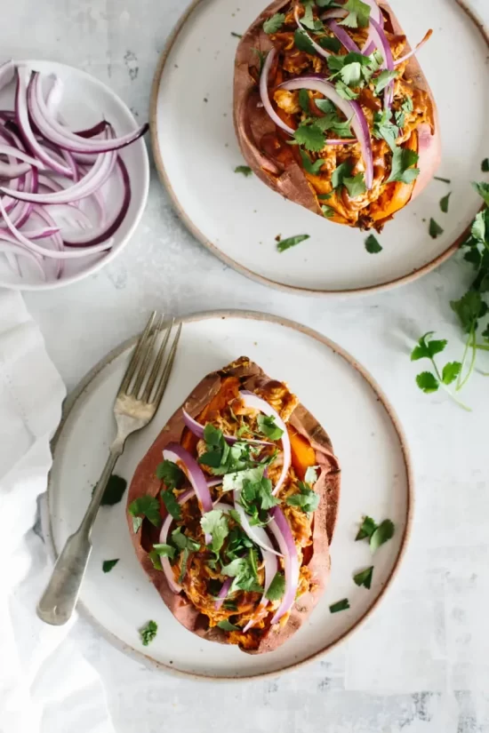 Quick Dinner Ideas: BBQ Chicken Stuffed Sweet Potatoes from Downshiftology | The Health Sessions
