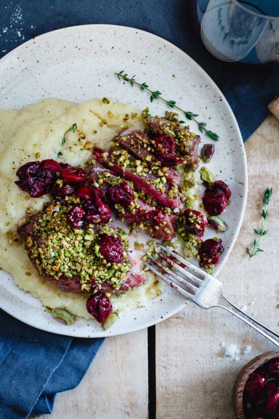 Healthy Stone Fruit Recipes: Pistachio Crusted Lamb Chops with Cherries from Running To The Kitchen | The Health Sessions