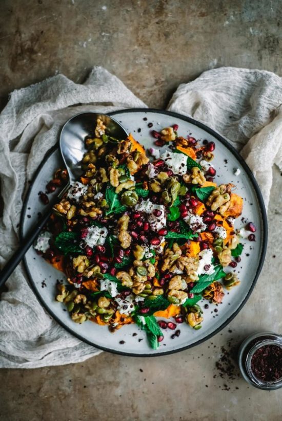 Warm Winter Salads: Pumpkin Salad with Goat's Cheese, Pomegranate and Honeyed Walnuts from Melanie Lionello | The Health Sessions